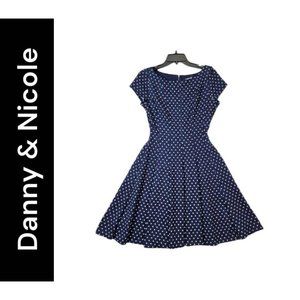 Danny & Nicole Navy Blue Dress Size 6 Women Fit n Flare Dot Short Sleeves Career